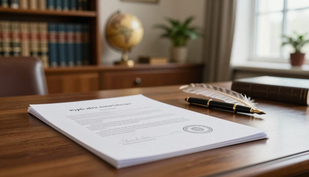 A detailed depiction of a formal notarial document, "wypis aktu notarialnego," resting on an elegant wooden desk. In the foreground, the document is partially open, displaying its intricate design and official seals, with a quill pen beside it, suggesting a sense of authority and formality. The middle ground features a soft-focus image of an office setting, with shelves lined with law books, a globe, and a potted plant, conveying professionalism. The background shows a softly lit room with large windows, allowing natural light to filter in, creating a warm ambiance. The mood is serious and trustworthy, ideal for legal contexts, emphasizing the importance of obtaining such documents. No people or text included in the image. A detailed depiction of a formal notarial document, "wypis aktu notarialnego," resting on an elegant wooden desk. In the foreground, the document is partially open, displaying its intricate design and official seals, with a quill pen beside it, suggesting a sense of authority and formality. The middle ground features a soft-focus image of an office setting, with shelves lined with law books, a globe, and a potted plant, conveying professionalism. The background shows a softly lit room with large windows, allowing natural light to filter in, creating a warm ambiance. The mood is serious and trustworthy, ideal for legal contexts, emphasizing the importance of obtaining such documents. No people or text included in the image.