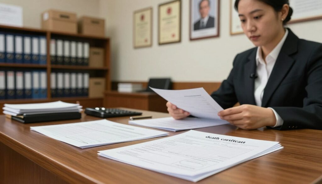 A detailed depiction of an official civil registration office interior, featuring a large wooden desk with scattered documents, including a "death certificate" transcription form prominently displayed. In the foreground, a professional clerk in business attire is carefully reviewing documents, exuding focus and professionalism. The middle ground showcases shelves filled with neatly organized filing boxes, reflecting an atmosphere of orderliness. In the background, a softly lit wall adorned with legal certificates and portraits of historical figures represents the gravity of civil records. The lighting is warm, creating a serious yet inviting ambiance, and a shallow depth of field emphasizes the documents while softly blurring the background elements, enhancing the focus on the transcription process. A detailed depiction of an official civil registration office interior, featuring a large wooden desk with scattered documents, including a "death certificate" transcription form prominently displayed. In the foreground, a professional clerk in business attire is carefully reviewing documents, exuding focus and professionalism. The middle ground showcases shelves filled with neatly organized filing boxes, reflecting an atmosphere of orderliness. In the background, a softly lit wall adorned with legal certificates and portraits of historical figures represents the gravity of civil records. The lighting is warm, creating a serious yet inviting ambiance, and a shallow depth of field emphasizes the documents while softly blurring the background elements, enhancing the focus on the transcription process.