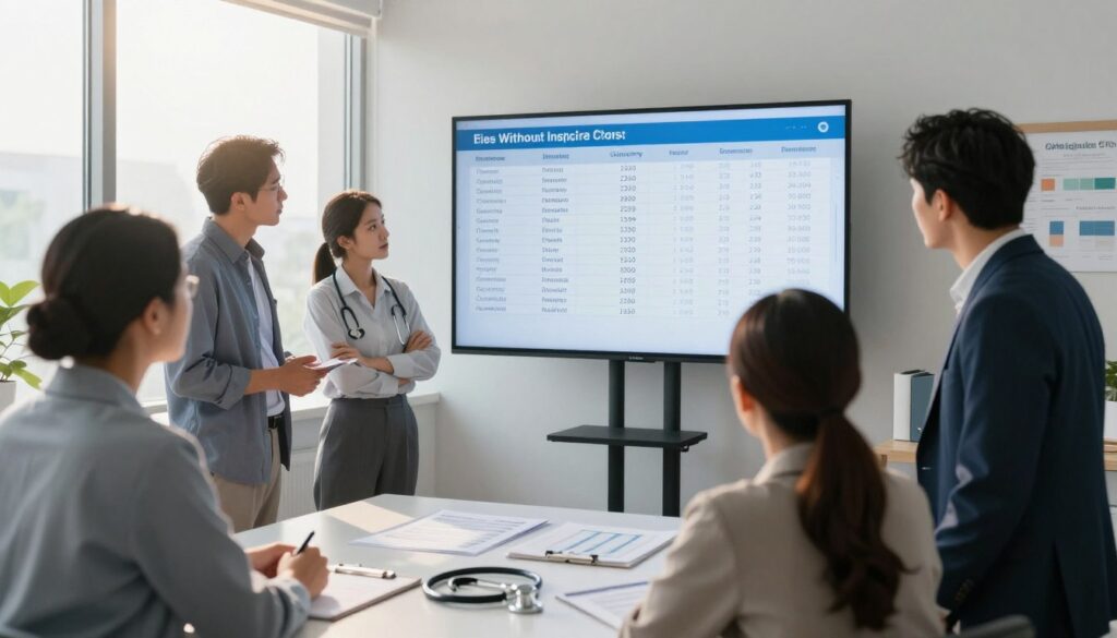 A detailed depiction of real medical costs without insurance. In the foreground, illustrate a diverse group of professionals in business attire, looking at a large digital display showing medical bills and costs for various services, like hospital stays, consultations, and treatments. In the middle ground, include a modern, well-lit office or consultation room, with medical charts and a stethoscope on a desk. The background features a large window with sunlight streaming in, casting a warm glow throughout the scene. The atmosphere should be serious yet informative, creating a sense of urgency and the reality of high medical expenses. Use a wide-angle lens to capture the depth and seriousness of the situation while maintaining clarity. A detailed depiction of real medical costs without insurance. In the foreground, illustrate a diverse group of professionals in business attire, looking at a large digital display showing medical bills and costs for various services, like hospital stays, consultations, and treatments. In the middle ground, include a modern, well-lit office or consultation room, with medical charts and a stethoscope on a desk. The background features a large window with sunlight streaming in, casting a warm glow throughout the scene. The atmosphere should be serious yet informative, creating a sense of urgency and the reality of high medical expenses. Use a wide-angle lens to capture the depth and seriousness of the situation while maintaining clarity.