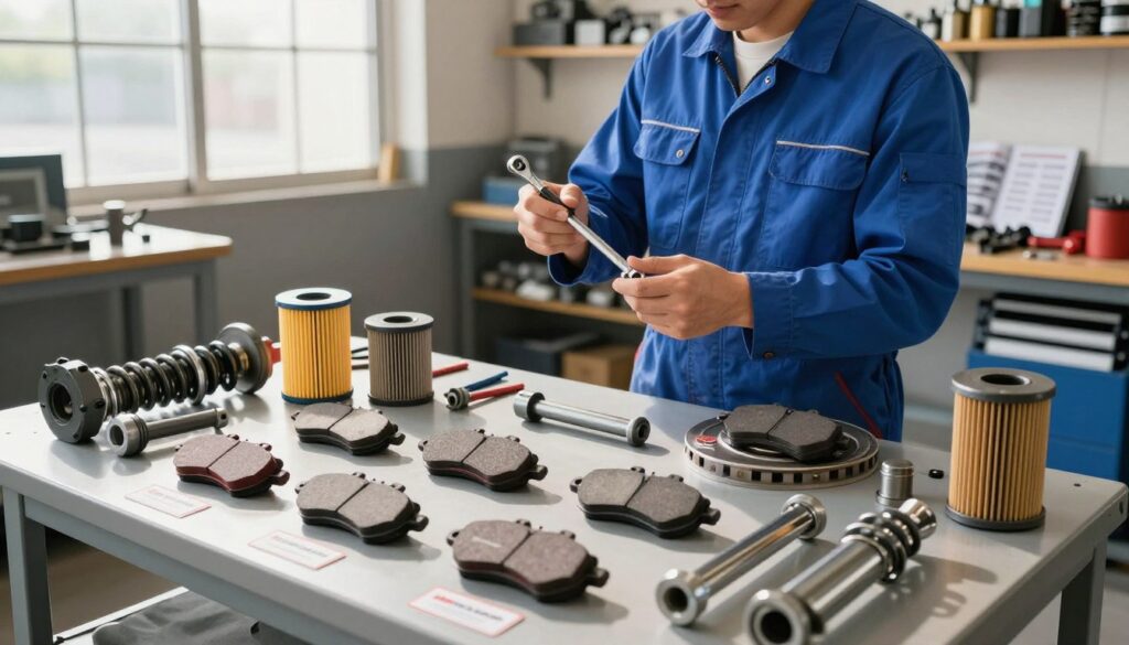 A detailed illustration of automotive spare parts displayed on a workbench in a professional garage. In the foreground, focus on various Maxgear branded components, including brake pads, filters, and suspension parts, arranged neatly with labels. The middle ground features a mechanic wearing a blue jumpsuit, carefully examining a part with a wrench in hand, showcasing expertise. The background contains shelves with organized spare parts, tools, and automotive manuals. Bright, natural light filters in through a large window, casting soft shadows to create a warm and inviting atmosphere. The angle should be slightly elevated, providing a comprehensive view of the workspace, enhancing the mood of professionalism and reliability in automotive maintenance. A detailed illustration of automotive spare parts displayed on a workbench in a professional garage. In the foreground, focus on various Maxgear branded components, including brake pads, filters, and suspension parts, arranged neatly with labels. The middle ground features a mechanic wearing a blue jumpsuit, carefully examining a part with a wrench in hand, showcasing expertise. The background contains shelves with organized spare parts, tools, and automotive manuals. Bright, natural light filters in through a large window, casting soft shadows to create a warm and inviting atmosphere. The angle should be slightly elevated, providing a comprehensive view of the workspace, enhancing the mood of professionalism and reliability in automotive maintenance.