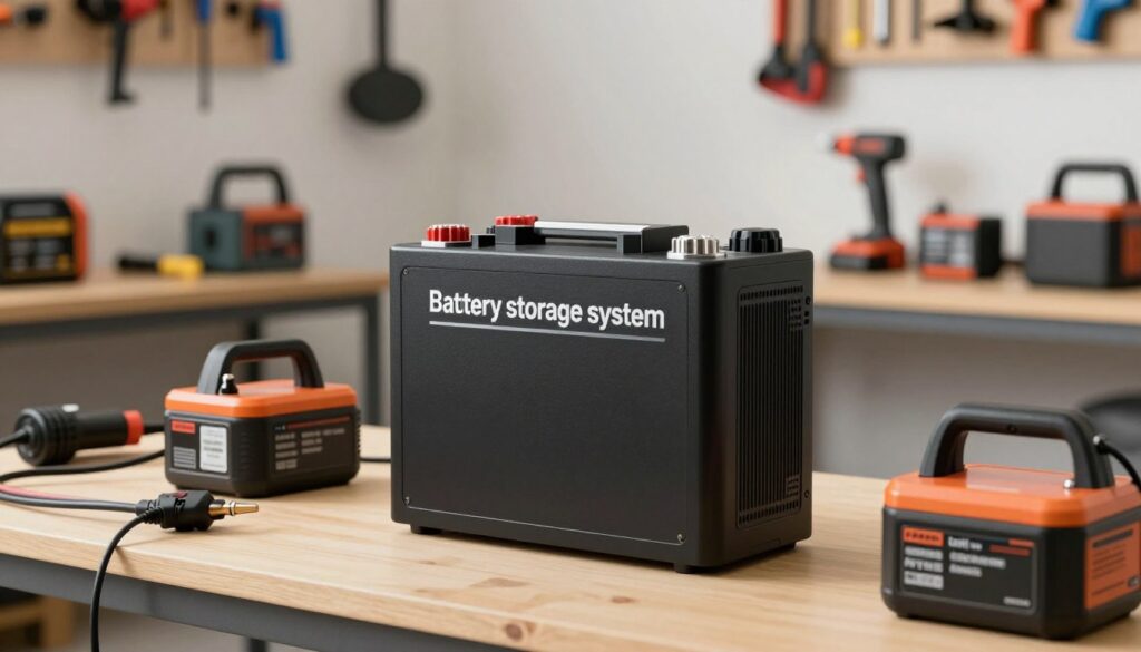 A detailed image of a "battery storage system", featuring a modern, compact design with robust battery units displayed prominently in the foreground. The middle ground showcases various power tools and devices powered by the battery system, emphasizing efficiency and innovation. The background includes a well-organized workshop environment with tools hanging neatly on the walls and a workbench, creating an atmosphere of productivity and creativity. Soft, natural lighting illuminates the scene, with a slight focus effect to enhance the battery system. The overall mood conveys technological advancement and reliability, suitable for both home and professional use. A detailed image of a "battery storage system", featuring a modern, compact design with robust battery units displayed prominently in the foreground. The middle ground showcases various power tools and devices powered by the battery system, emphasizing efficiency and innovation. The background includes a well-organized workshop environment with tools hanging neatly on the walls and a workbench, creating an atmosphere of productivity and creativity. Soft, natural lighting illuminates the scene, with a slight focus effect to enhance the battery system. The overall mood conveys technological advancement and reliability, suitable for both home and professional use.