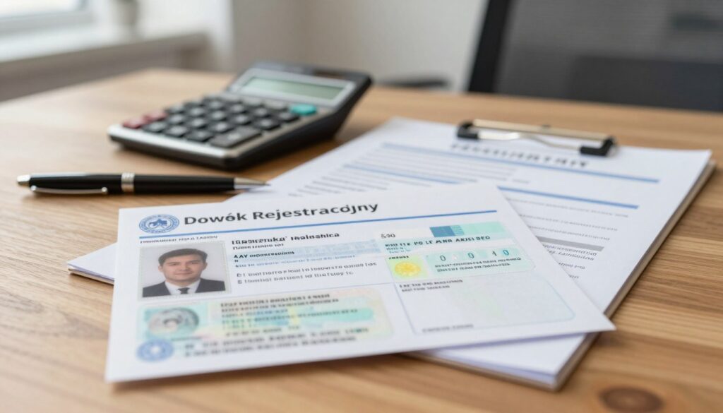 A detailed image of a registration certificate (dowód rejestracyjny) prominently displayed in the foreground on a wooden desk, surrounded by essential documents, such as a driver's license and vehicle information booklet. The registration document should feature clear, legible elements, resembling real-life documents, with a clean design and security features like a hologram. In the middle ground, a calculator and a pen lie next to the documents, hinting at monetary calculations. The background should feature a soft focus of a modern office setting with warm, inviting lighting, creating a professional atmosphere. The scene captures the essence of administrative tasks and the importance of vehicle registration, emphasizing clarity and organization. Ensure there are no people in the image, focusing solely on the items and setting. A detailed image of a registration certificate (dowód rejestracyjny) prominently displayed in the foreground on a wooden desk, surrounded by essential documents, such as a driver's license and vehicle information booklet. The registration document should feature clear, legible elements, resembling real-life documents, with a clean design and security features like a hologram. In the middle ground, a calculator and a pen lie next to the documents, hinting at monetary calculations. The background should feature a soft focus of a modern office setting with warm, inviting lighting, creating a professional atmosphere. The scene captures the essence of administrative tasks and the importance of vehicle registration, emphasizing clarity and organization. Ensure there are no people in the image, focusing solely on the items and setting.