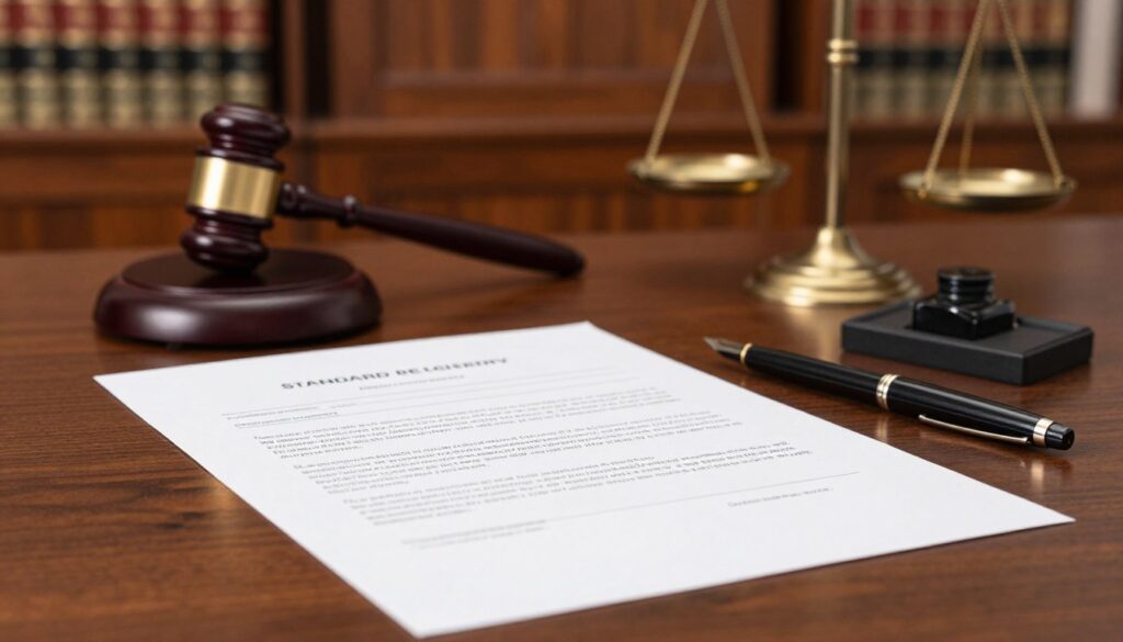 A detailed image of a standard paper application for land registry, prominently featuring the document placed on a polished wooden desk in a courtroom setting. The foreground captures the neatly folded application form, with a faint watermark, alongside a fountain pen and an ink blotter. In the middle, a blurry but recognizable view of a judge's gavel and a scale of justice adds context, hinting at the legal environment. The background shows soft, warm lighting illuminating the rich mahogany walls of the courtroom, with traditional legal books on shelves. The atmosphere is serious yet organized, illustrating professionalism and diligence in submitting legal paperwork. The image conveys a blend of authority and clarity, characterizing the process of filing a written application in court. A detailed image of a standard paper application for land registry, prominently featuring the document placed on a polished wooden desk in a courtroom setting. The foreground captures the neatly folded application form, with a faint watermark, alongside a fountain pen and an ink blotter. In the middle, a blurry but recognizable view of a judge's gavel and a scale of justice adds context, hinting at the legal environment. The background shows soft, warm lighting illuminating the rich mahogany walls of the courtroom, with traditional legal books on shelves. The atmosphere is serious yet organized, illustrating professionalism and diligence in submitting legal paperwork. The image conveys a blend of authority and clarity, characterizing the process of filing a written application in court.