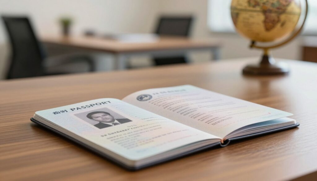 A detailed image of a 'temporary passport' featuring a realistic, close-up view of the document placed on a polished wooden table. In the foreground, the passport is slightly open, showcasing its unique design elements, such as a holographic emblem, watermark, and intricate page layout. The middle background includes a blurred view of an office setting with a modern desk and a globe, suggesting a professional atmosphere. Warm, soft lighting enhances the visual appeal, while giving the scene a welcoming feel. The angle of the shot is slightly tilted, providing a dynamic perspective. The overall mood is informative and official, suitable for discussing the issuance of temporary passports in a serious context.