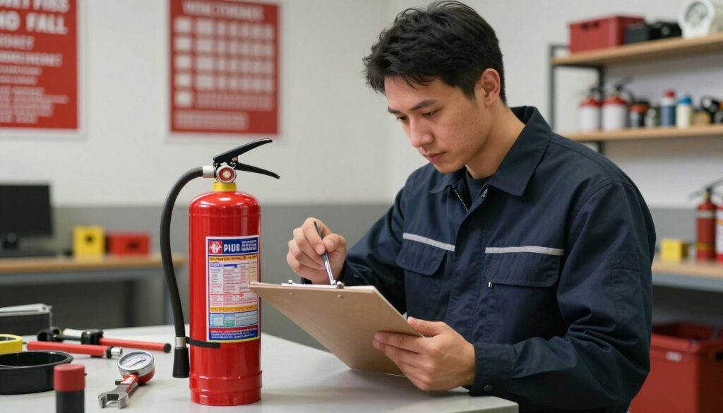 A detailed indoor scene depicting the process of servicing a fire extinguisher. In the foreground, a technician wearing a professional uniform is carefully inspecting a fire extinguisher, clipboard in hand, with tools like a pressure gauge and a wrench beside them. The middle ground features a workbench equipped with maintenance tools and spare parts, emphasizing a systematic approach to safety equipment. In the background, a well-lit workshop with safety posters and organized shelves can be seen, creating a professional atmosphere. Soft lighting highlights the technician's focused expression, emphasizing the importance of service and maintenance. The overall mood is one of competence and diligence, showcasing the meticulous nature of fire safety equipment servicing. A detailed indoor scene depicting the process of servicing a fire extinguisher. In the foreground, a technician wearing a professional uniform is carefully inspecting a fire extinguisher, clipboard in hand, with tools like a pressure gauge and a wrench beside them. The middle ground features a workbench equipped with maintenance tools and spare parts, emphasizing a systematic approach to safety equipment. In the background, a well-lit workshop with safety posters and organized shelves can be seen, creating a professional atmosphere. Soft lighting highlights the technician's focused expression, emphasizing the importance of service and maintenance. The overall mood is one of competence and diligence, showcasing the meticulous nature of fire safety equipment servicing.
