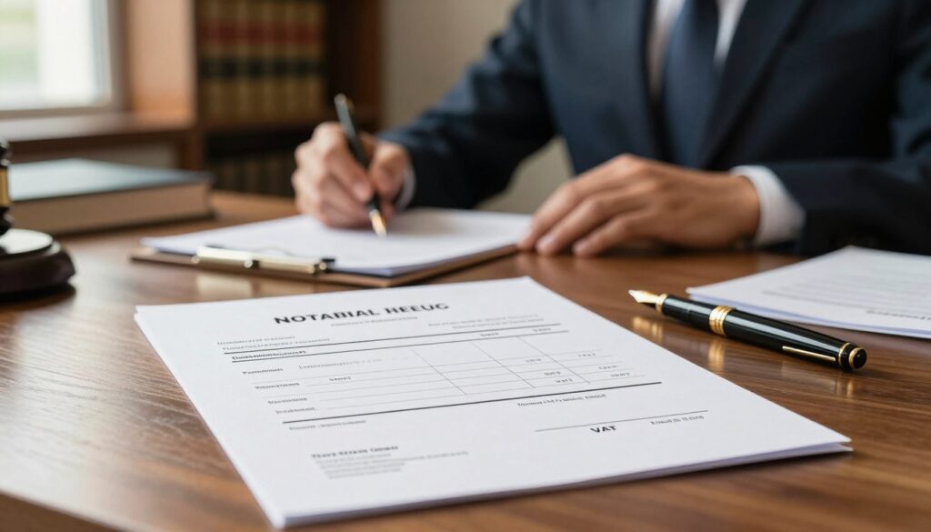A detailed notarial fee invoice, prominently displayed on a sleek wooden desk, surrounded by legal documents and a stylish fountain pen. In the foreground, the invoice showcases clear sections identifying the notarial fee and VAT, with elegant formatting and soft shadows highlighting the text. In the middle, a blurred image of a professional notary in business attire, contemplating the documents, adding a sense of realism to the scene. The background features softly focused shelves filled with law books and a window allowing natural light to pour in, creating a warm, inviting atmosphere. The overall mood is professional and informative, with a focus on the importance of understanding notarial fees in property division processes. A detailed notarial fee invoice, prominently displayed on a sleek wooden desk, surrounded by legal documents and a stylish fountain pen. In the foreground, the invoice showcases clear sections identifying the notarial fee and VAT, with elegant formatting and soft shadows highlighting the text. In the middle, a blurred image of a professional notary in business attire, contemplating the documents, adding a sense of realism to the scene. The background features softly focused shelves filled with law books and a window allowing natural light to pour in, creating a warm, inviting atmosphere. The overall mood is professional and informative, with a focus on the importance of understanding notarial fees in property division processes.