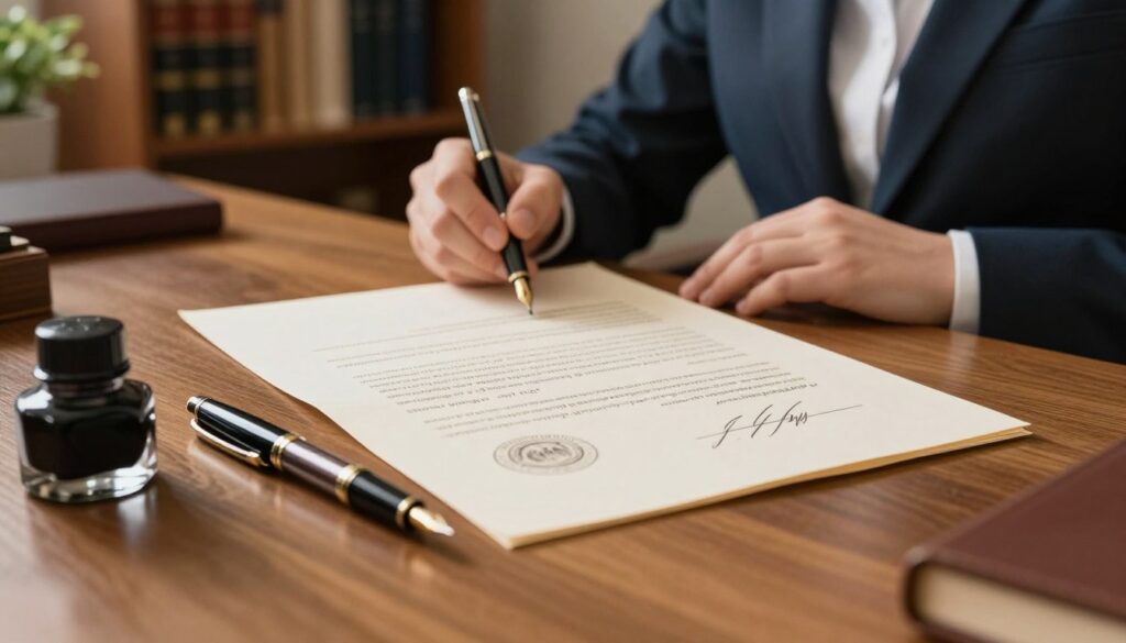 A detailed notarial testament document lies open on a polished oak desk in a softly lit office. The foreground features a vintage fountain pen and an ink bottle, casting delicate shadows. In the middle ground, the document showcases elegant calligraphy and an official seal, with a faint watermark hinting at authenticity. In the background, a bookshelf filled with legal books and a potted plant adds a touch of life to the setting. The lighting is warm and inviting, illuminating the document and creating a professional atmosphere. A poised notary in a smart business suit is thoughtfully reviewing the testament, reinforcing the concept of professionalism and trust in the process of testamentary documentation. Soft focus complements the mood, enhancing the feeling of importance and formality. A detailed notarial testament document lies open on a polished oak desk in a softly lit office. The foreground features a vintage fountain pen and an ink bottle, casting delicate shadows. In the middle ground, the document showcases elegant calligraphy and an official seal, with a faint watermark hinting at authenticity. In the background, a bookshelf filled with legal books and a potted plant adds a touch of life to the setting. The lighting is warm and inviting, illuminating the document and creating a professional atmosphere. A poised notary in a smart business suit is thoughtfully reviewing the testament, reinforcing the concept of professionalism and trust in the process of testamentary documentation. Soft focus complements the mood, enhancing the feeling of importance and formality.