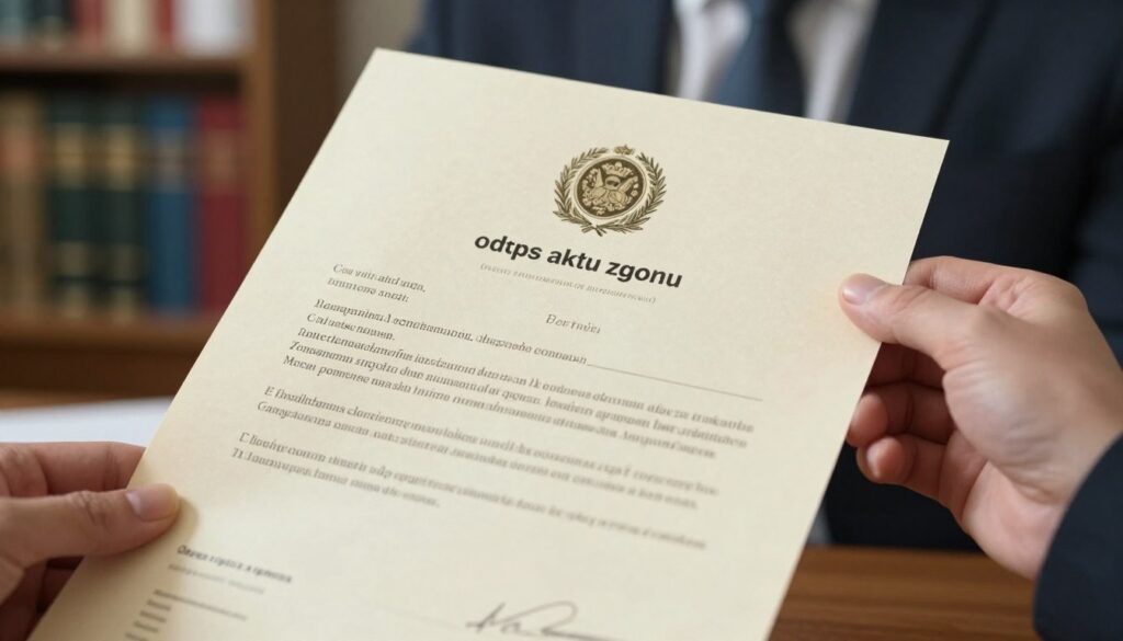 A detailed photo of a formal document, illustrating a death certificate transcript (odpis aktu zgonu). The foreground features an elegantly designed certificate with an official seal and clear, legible handwriting. Soft, natural lighting highlights the document, casting gentle shadows to enhance texture. In the middle, a pair of hands, wearing professional attire, gently hold the document, symbolizing the act of obtaining vital records. The background is softly blurred, depicting a cozy office setting with bookshelves filled with legal and administrative books, suggesting a serious yet approachable atmosphere. The overall mood should convey professionalism and clarity, emphasizing the importance of the document in a respectful manner. A detailed photo of a formal document, illustrating a death certificate transcript (odpis aktu zgonu). The foreground features an elegantly designed certificate with an official seal and clear, legible handwriting. Soft, natural lighting highlights the document, casting gentle shadows to enhance texture. In the middle, a pair of hands, wearing professional attire, gently hold the document, symbolizing the act of obtaining vital records. The background is softly blurred, depicting a cozy office setting with bookshelves filled with legal and administrative books, suggesting a serious yet approachable atmosphere. The overall mood should convey professionalism and clarity, emphasizing the importance of the document in a respectful manner.