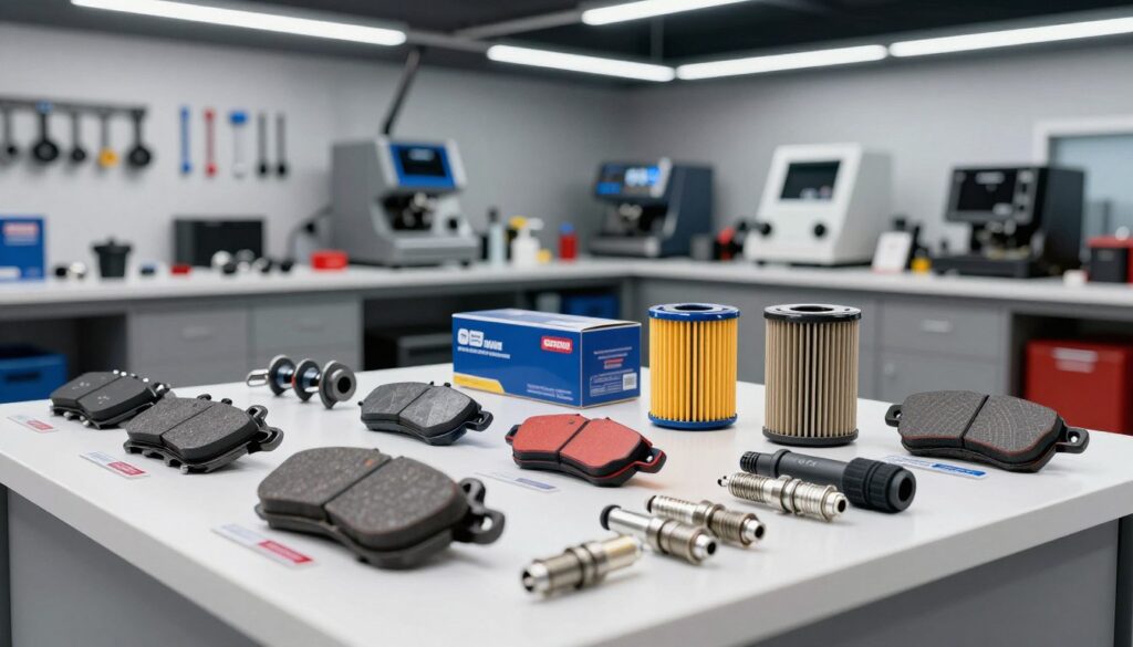 A detailed product overview display for automotive enthusiasts, featuring a neatly arranged assortment of car parts and accessories. In the foreground, focus on high-quality components like brake pads, filters, and spark plugs, each labeled with vibrant colors and clear designs. In the middle ground, showcase an organized workstation with tools and sleek machinery, emphasizing a professional automotive environment. The background should portray a modern garage setting with bright LED lighting, creating an atmosphere of innovation and reliability. Use a slightly angled perspective that invites viewers into the scene, capturing a sense of exploration and engagement with the diverse range of offerings. Aim for a clean, polished aesthetic that reflects quality craftsmanship and attention to detail. A detailed product overview display for automotive enthusiasts, featuring a neatly arranged assortment of car parts and accessories. In the foreground, focus on high-quality components like brake pads, filters, and spark plugs, each labeled with vibrant colors and clear designs. In the middle ground, showcase an organized workstation with tools and sleek machinery, emphasizing a professional automotive environment. The background should portray a modern garage setting with bright LED lighting, creating an atmosphere of innovation and reliability. Use a slightly angled perspective that invites viewers into the scene, capturing a sense of exploration and engagement with the diverse range of offerings. Aim for a clean, polished aesthetic that reflects quality craftsmanship and attention to detail.