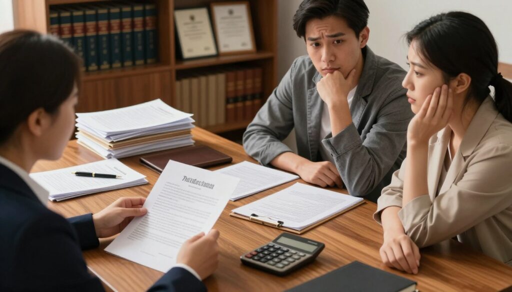 A detailed scene depicting a notary's office during a property purchase. In the foreground, a well-dressed notary in professional attire is sitting at an elegant wooden desk, examining property documents. To the right, a couple, also in business casual clothing, appears engaged and attentive, with expressions of curiosity and concern. In the middle ground, stacks of legal papers, a pen, and a calculator are artistically arranged, representing the various costs involved. The background features shelves filled with legal books and certificates, providing a sense of professionalism. Soft, warm lighting illuminates the scene, enhancing the inviting atmosphere while casting gentle shadows. The angle is slightly above eye level, creating depth and focusing on the interaction and documentation. A detailed scene depicting a notary's office during a property purchase. In the foreground, a well-dressed notary in professional attire is sitting at an elegant wooden desk, examining property documents. To the right, a couple, also in business casual clothing, appears engaged and attentive, with expressions of curiosity and concern. In the middle ground, stacks of legal papers, a pen, and a calculator are artistically arranged, representing the various costs involved. The background features shelves filled with legal books and certificates, providing a sense of professionalism. Soft, warm lighting illuminates the scene, enhancing the inviting atmosphere while casting gentle shadows. The angle is slightly above eye level, creating depth and focusing on the interaction and documentation.