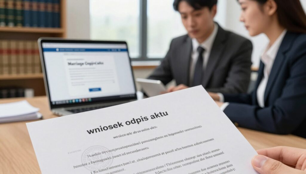 A detailed scene depicting an official document titled "wniosek odpis aktu" prominently displayed in the foreground, featuring intricate text and formal design elements, such as seals or stamps. In the middle ground, a laptop sits open with a webpage showing an online application for obtaining a marriage certificate. A pair of professional individuals dressed in business attire (male and female) are focused on the laptop, discussing the document. The background features a soft, blurred office environment with shelves of legal books and a window showing a bright, calm day outside, creating a productive and informative atmosphere. The lighting is warm and inviting, emphasizing focus and professionalism. The composition is balanced, with a slight depth of field to draw attention to the document and the individuals engaged in the online process. A detailed scene depicting an official document titled "wniosek odpis aktu" prominently displayed in the foreground, featuring intricate text and formal design elements, such as seals or stamps. In the middle ground, a laptop sits open with a webpage showing an online application for obtaining a marriage certificate. A pair of professional individuals dressed in business attire (male and female) are focused on the laptop, discussing the document. The background features a soft, blurred office environment with shelves of legal books and a window showing a bright, calm day outside, creating a productive and informative atmosphere. The lighting is warm and inviting, emphasizing focus and professionalism. The composition is balanced, with a slight depth of field to draw attention to the document and the individuals engaged in the online process.