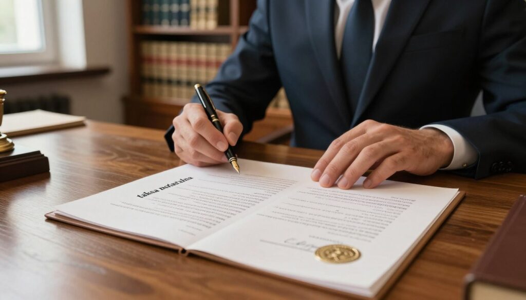 A detailed scene illustrating a notarial document, known as "taksa notarialna," prominently placed on a polished wooden desk in an elegant office setting. In the foreground, the open document features elegant calligraphy and a notary's seal. In the middle ground, a professional notary, dressed in a tailored suit, reviews the document with concentration, a fountain pen in hand. The background reveals shelves filled with law books and legal paraphernalia, bathed in warm, soft lighting that creates a welcoming atmosphere. A window partially opens, allowing natural light to filter in, enhancing a sense of professionalism and trust. The overall mood is formal yet approachable, conveying the importance of understanding notarial costs in accordance with legal regulations. A detailed scene illustrating a notarial document, known as "taksa notarialna," prominently placed on a polished wooden desk in an elegant office setting. In the foreground, the open document features elegant calligraphy and a notary's seal. In the middle ground, a professional notary, dressed in a tailored suit, reviews the document with concentration, a fountain pen in hand. The background reveals shelves filled with law books and legal paraphernalia, bathed in warm, soft lighting that creates a welcoming atmosphere. A window partially opens, allowing natural light to filter in, enhancing a sense of professionalism and trust. The overall mood is formal yet approachable, conveying the importance of understanding notarial costs in accordance with legal regulations.