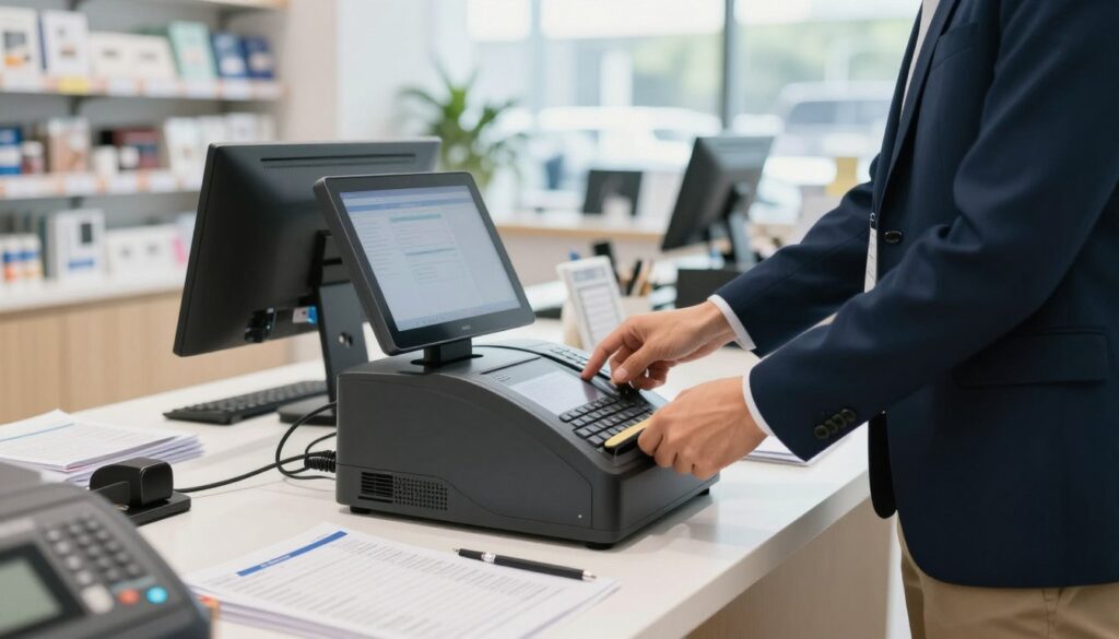A detailed scene showcasing the installation of a fiscal cash register in a modern retail setting. In the foreground, a professional business person, dressed in smart casual attire, is focusing on connecting the cash register to a computer and network. The middle ground features the sleek, modern cash register with a digital display, surrounded by various accounting documents and tools, representing the installation process. The background reveals a bright, open retail space, with shelves displaying products and soft natural lighting coming through large windows, creating an inviting atmosphere. The angle is slightly elevated, giving a clear view of the interaction and environment, emphasizing professionalism and the importance of fiscal compliance. A detailed scene showcasing the installation of a fiscal cash register in a modern retail setting. In the foreground, a professional business person, dressed in smart casual attire, is focusing on connecting the cash register to a computer and network. The middle ground features the sleek, modern cash register with a digital display, surrounded by various accounting documents and tools, representing the installation process. The background reveals a bright, open retail space, with shelves displaying products and soft natural lighting coming through large windows, creating an inviting atmosphere. The angle is slightly elevated, giving a clear view of the interaction and environment, emphasizing professionalism and the importance of fiscal compliance.