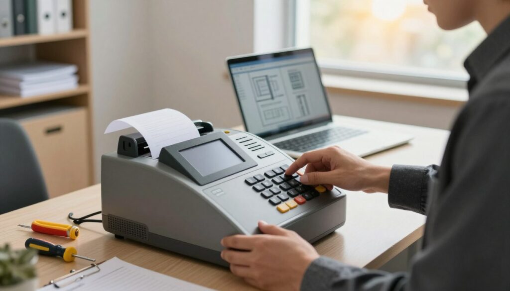 A detailed view of a technical inspection of a cash register in a modern office setting. In the foreground, a professional technician, dressed in business attire, carefully inspects the cash register, showing intricate components like buttons, screens, and receipt paper. The middle layer features a clutter-free desk with tools such as screwdrivers, a notepad, and a laptop open with technical diagrams. In the background, soft-focus office elements, including shelves with manuals and a bright window showcasing a sunny day outside, create a welcoming atmosphere. Use natural lighting to create a warm, professional mood, with a focus on clarity and detail, depicting the importance of regular technical inspections.