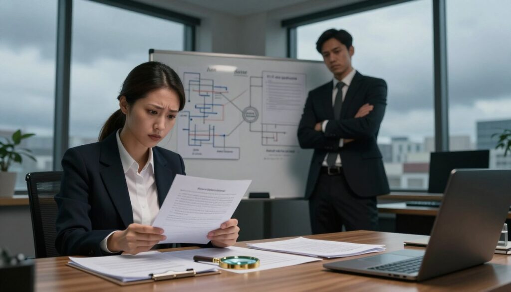 A dimly lit professional office setting with an air of tension. In the foreground, a wooden desk is cluttered with legal documents and a magnifying glass, symbolizing scrutiny and hidden risks. To the left, a businesswoman in professional attire examines the papers with a concerned expression, while a businessman, also in formal wear, stands nearby with crossed arms, casting a skeptical look. The middle ground features a whiteboard filled with complex diagrams and notes about asset separation, showcasing potential pitfalls. In the background, large windows reveal a cloudy sky, adding a sense of foreboding. Soft, diffused lighting enhances the seriousness of the scene, creating a mood that suggests caution and careful consideration. A dimly lit professional office setting with an air of tension. In the foreground, a wooden desk is cluttered with legal documents and a magnifying glass, symbolizing scrutiny and hidden risks. To the left, a businesswoman in professional attire examines the papers with a concerned expression, while a businessman, also in formal wear, stands nearby with crossed arms, casting a skeptical look. The middle ground features a whiteboard filled with complex diagrams and notes about asset separation, showcasing potential pitfalls. In the background, large windows reveal a cloudy sky, adding a sense of foreboding. Soft, diffused lighting enhances the seriousness of the scene, creating a mood that suggests caution and careful consideration.
