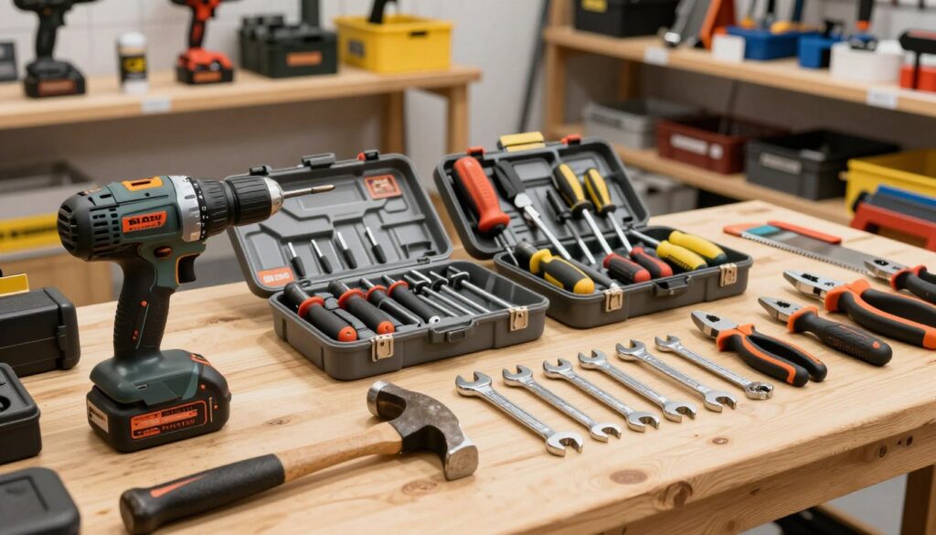 A diverse assortment of high-quality tools available from Bass Polska, showcasing a range of hand tools and power tools. In the foreground, prominently featured items include a sleek cordless drill, a sturdy hammer, and an assortment of wrenches and pliers, all displayed on a wooden workbench. The middle ground highlights organized sets of screwdrivers and saws, arranged neatly in toolboxes. In the background, shelves filled with additional equipment and accessories create depth. Soft, natural lighting illuminates the tools, creating a warm, inviting atmosphere. Capture the image at a slightly elevated angle to emphasize the variety and quality of the tools, conveying a sense of professionalism and reliability, suitable for highlighting the product range. A diverse assortment of high-quality tools available from Bass Polska, showcasing a range of hand tools and power tools. In the foreground, prominently featured items include a sleek cordless drill, a sturdy hammer, and an assortment of wrenches and pliers, all displayed on a wooden workbench. The middle ground highlights organized sets of screwdrivers and saws, arranged neatly in toolboxes. In the background, shelves filled with additional equipment and accessories create depth. Soft, natural lighting illuminates the tools, creating a warm, inviting atmosphere. Capture the image at a slightly elevated angle to emphasize the variety and quality of the tools, conveying a sense of professionalism and reliability, suitable for highlighting the product range.