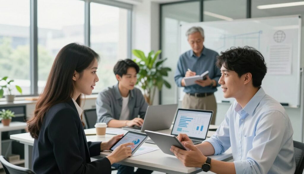 A diverse group of professionals gathered in a modern office environment, embodying teamwork and collaboration. In the foreground, two employees, a woman in business attire and a man in a smart casual shirt, are engaged in a lively discussion over a tablet. In the middle, a third employee, a person of Asian descent, is analyzing data on a laptop, while a fourth, an older man, is writing notes on a whiteboard. The background features large windows allowing natural light to flood the room, reflecting a bright and optimistic atmosphere. The office is filled with greenery, enhancing the sense of innovation and growth. The overall mood is dynamic and focused, capturing the essence of teamwork contributing to the company's success. Soft focus on the background to emphasize the foreground action.