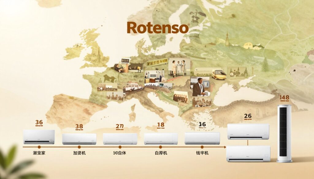A dynamic and engaging visual summarizing the history of the Rotenso brand in the Polish market. In the foreground, display a stylized timeline featuring iconic milestones in the brand's development, with sleek illustrations of the product evolution, including different models of air conditioners. The middle ground should include a collage of historical images showcasing key events and moments, blended seamlessly to reflect the company's growth. In the background, an abstract representation of Poland's landscape with subtle shapes of landmarks symbolizing the market presence. Utilize warm, inviting lighting to create a sense of progress and innovation, with a slightly blurred effect on the background for depth. The overall atmosphere is optimistic and forward-looking, embodying success in the HVAC industry. Use a wide-angle perspective to capture all elements harmoniously. A dynamic and engaging visual summarizing the history of the Rotenso brand in the Polish market. In the foreground, display a stylized timeline featuring iconic milestones in the brand's development, with sleek illustrations of the product evolution, including different models of air conditioners. The middle ground should include a collage of historical images showcasing key events and moments, blended seamlessly to reflect the company's growth. In the background, an abstract representation of Poland's landscape with subtle shapes of landmarks symbolizing the market presence. Utilize warm, inviting lighting to create a sense of progress and innovation, with a slightly blurred effect on the background for depth. The overall atmosphere is optimistic and forward-looking, embodying success in the HVAC industry. Use a wide-angle perspective to capture all elements harmoniously.