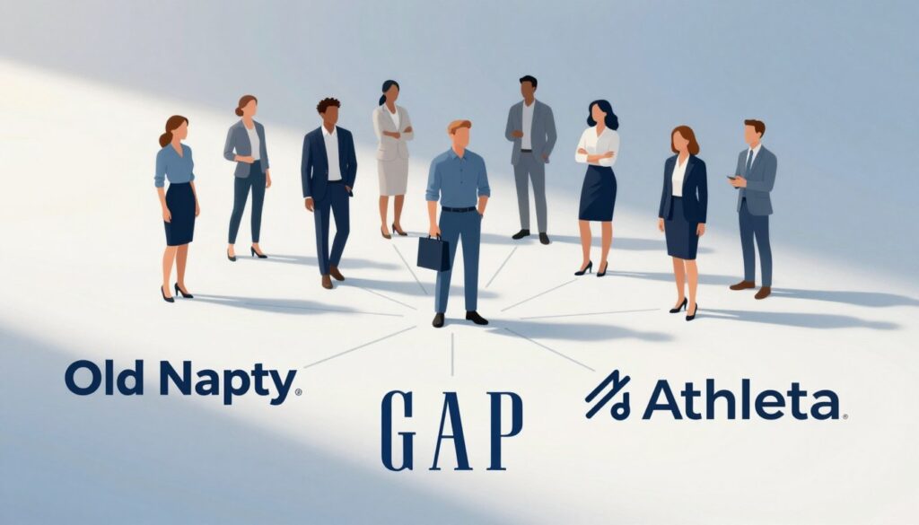 A dynamic and visually engaging representation of the "Gap Inc. brand structure," illustrating the interconnection between Gap and its sub-brands like Old Navy, Banana Republic, and Athleta. In the foreground, include sleek, minimalistic logos of each brand arranged in a pattern that conveys synergy and collaboration. The middle ground should depict stylized silhouettes or abstract representations of diverse individuals in professional business attire, showcasing inclusivity and unity. The background features a subtle gradient of soft blues and whites, reflecting a modern corporate environment. The overall atmosphere should evoke professionalism and ambition, with soft, natural lighting highlighting the logos and figures, shot from a slightly elevated angle to give a sense of depth and perspective. A dynamic and visually engaging representation of the "Gap Inc. brand structure," illustrating the interconnection between Gap and its sub-brands like Old Navy, Banana Republic, and Athleta. In the foreground, include sleek, minimalistic logos of each brand arranged in a pattern that conveys synergy and collaboration. The middle ground should depict stylized silhouettes or abstract representations of diverse individuals in professional business attire, showcasing inclusivity and unity. The background features a subtle gradient of soft blues and whites, reflecting a modern corporate environment. The overall atmosphere should evoke professionalism and ambition, with soft, natural lighting highlighting the logos and figures, shot from a slightly elevated angle to give a sense of depth and perspective.