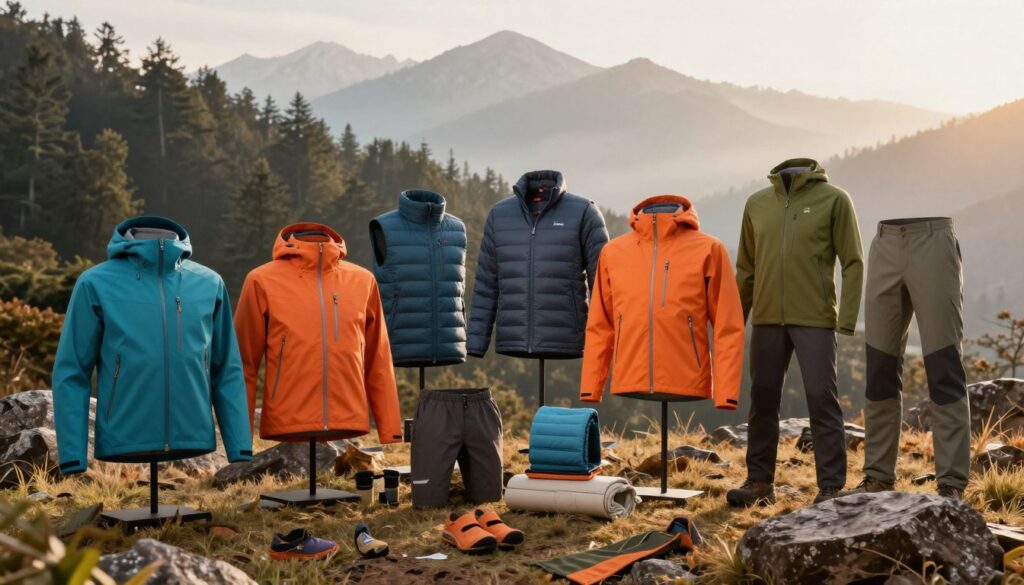 A dynamic display of various outdoor clothing products, showcasing a range of jackets, insulated vests, hiking pants, and thermal layers. The foreground features a neatly arranged selection of these items in vibrant colors such as teal, orange, and olive green, emphasizing functionality and style. In the middle ground, a rugged landscape with a forested backdrop sets the scene, hinting at outdoor adventures. The background shows misty mountains under a soft morning light, casting a warm glow on the scene, enhancing the inviting atmosphere. Shot from a slightly elevated angle, the image captures both the products and their adventurous spirit, inviting the viewer to explore the great outdoors. A dynamic display of various outdoor clothing products, showcasing a range of jackets, insulated vests, hiking pants, and thermal layers. The foreground features a neatly arranged selection of these items in vibrant colors such as teal, orange, and olive green, emphasizing functionality and style. In the middle ground, a rugged landscape with a forested backdrop sets the scene, hinting at outdoor adventures. The background shows misty mountains under a soft morning light, casting a warm glow on the scene, enhancing the inviting atmosphere. Shot from a slightly elevated angle, the image captures both the products and their adventurous spirit, inviting the viewer to explore the great outdoors.