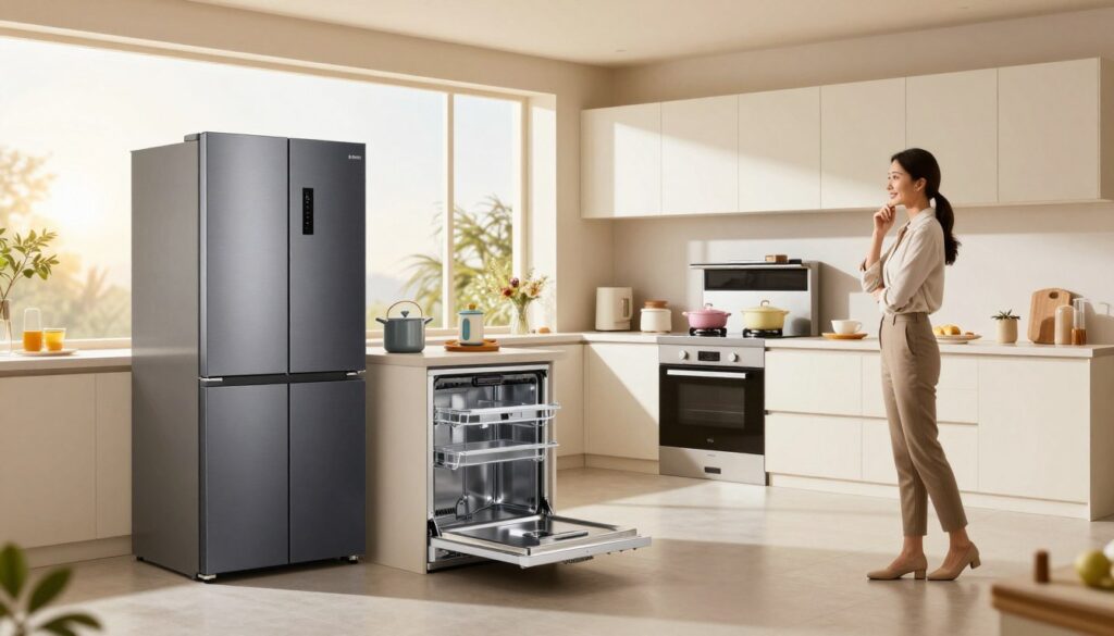 A dynamic scene illustrating brand development, showcasing a variety of home appliances arranged thoughtfully in a modern kitchen setting. In the foreground, a sleek, contemporary refrigerator stands beside an elegant dishwasher; both gleaming in bright, inviting lighting. The middle ground features a stylish stove with colorful pots, and a countertop adorned with creatively arranged kitchen gadgets, demonstrating innovation. In the background, large windows allow warm sunlight to stream in, creating a welcoming atmosphere. A professional businesswoman in modest casual clothing evaluates the appliances with a thoughtful expression, symbolizing consumer confidence in the brand. The overall mood is optimistic and inspiring, highlighting the diversity and quality of the product range. The image should be captured with a wide-angle lens to emphasize the open space and the richness of the product lineup. A dynamic scene illustrating brand development, showcasing a variety of home appliances arranged thoughtfully in a modern kitchen setting. In the foreground, a sleek, contemporary refrigerator stands beside an elegant dishwasher; both gleaming in bright, inviting lighting. The middle ground features a stylish stove with colorful pots, and a countertop adorned with creatively arranged kitchen gadgets, demonstrating innovation. In the background, large windows allow warm sunlight to stream in, creating a welcoming atmosphere. A professional businesswoman in modest casual clothing evaluates the appliances with a thoughtful expression, symbolizing consumer confidence in the brand. The overall mood is optimistic and inspiring, highlighting the diversity and quality of the product range. The image should be captured with a wide-angle lens to emphasize the open space and the richness of the product lineup.