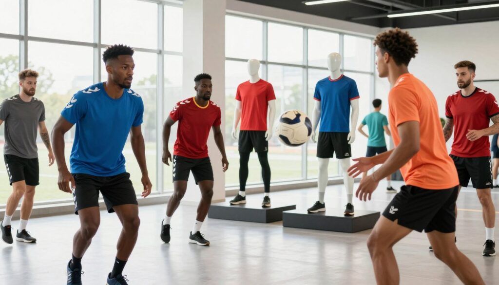 A dynamic sports brand philosophy scene showcasing Hummel's commitment to athleticism. In the foreground, a diverse group of athletes in professional sports attire, passionately engaged in training—some running, others passing a ball, embodying teamwork and dedication. The middle ground features stylish, modern Hummel sportswear displayed on mannequins, highlighting unique design elements and vibrant colors. The background depicts a contemporary sports facility with large windows allowing natural light to flood the space, enhancing the energetic atmosphere. Soft lens focus captures the athletes in motion, creating a sense of dynamism. The mood is inspirational and motivating, reflecting Hummel's brand ethos of passion for sport and community engagement. The overall lighting is bright and uplifting, emphasizing the athletic spirit. A dynamic sports brand philosophy scene showcasing Hummel's commitment to athleticism. In the foreground, a diverse group of athletes in professional sports attire, passionately engaged in training—some running, others passing a ball, embodying teamwork and dedication. The middle ground features stylish, modern Hummel sportswear displayed on mannequins, highlighting unique design elements and vibrant colors. The background depicts a contemporary sports facility with large windows allowing natural light to flood the space, enhancing the energetic atmosphere. Soft lens focus captures the athletes in motion, creating a sense of dynamism. The mood is inspirational and motivating, reflecting Hummel's brand ethos of passion for sport and community engagement. The overall lighting is bright and uplifting, emphasizing the athletic spirit.