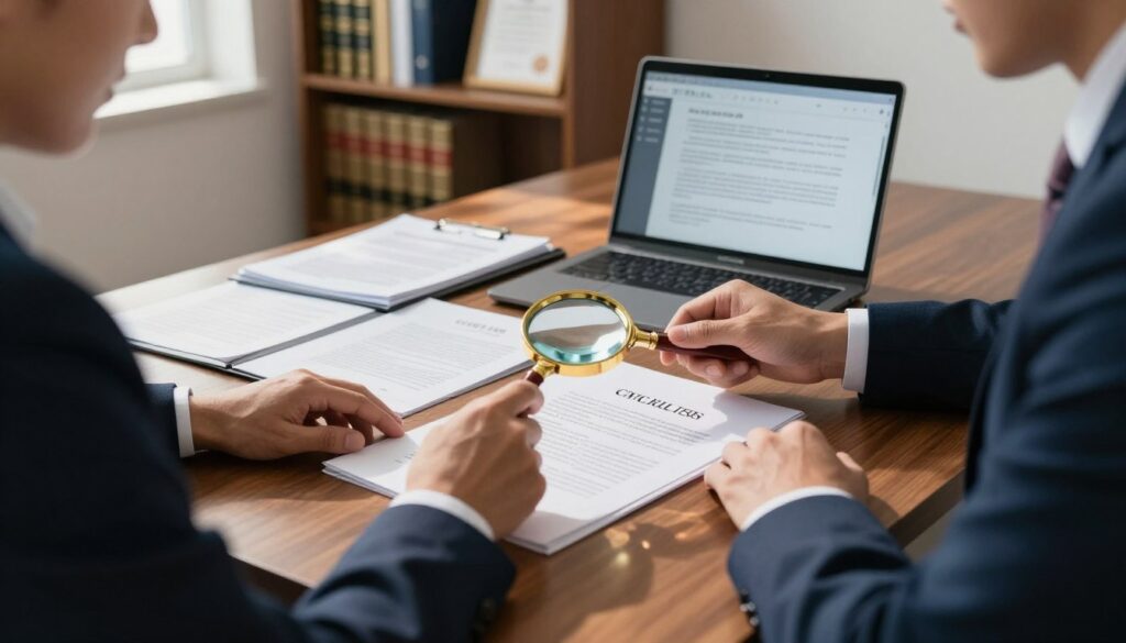 A focused office setting showcasing a civil law consultant reviewing legal documents on a polished wooden desk. In the foreground, a well-dressed professional in business attire, examining a contract with a magnifying glass. The middle ground features open folders with neatly organized papers and a laptop displaying legal software. The background includes a bookshelf filled with law books and framed certificates. Soft natural light streams in through a window, casting warm shadows, creating a concentrated yet inviting atmosphere. The color palette includes rich browns and blues to evoke professionalism and trust. The overall image reflects the intricate nature of valuing civil agreements and the expertise involved in the legal process.