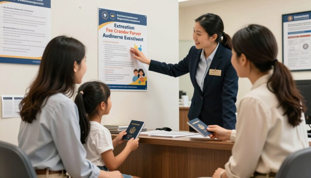 A focused scene depicting a friendly government office setting where parents are seen happily discussing passport options for their children. In the foreground, a mother in business casual attire is sitting with her young daughter, who is looking excited while holding a small passport booklet. Next to them, a professional-looking clerk in formal attire is providing information about fee waivers, gesturing towards a colorful poster that highlights exemptions for children's passports. The background shows government posters and informative brochures about passport services, with soft, warm lighting to create an inviting atmosphere. The angle is slightly above eye level, capturing the interaction and the friendly ambiance of the office space, emphasizing accessibility and support. The overall mood is optimistic and informative, encouraging parents to understand their options. A focused scene depicting a friendly government office setting where parents are seen happily discussing passport options for their children. In the foreground, a mother in business casual attire is sitting with her young daughter, who is looking excited while holding a small passport booklet. Next to them, a professional-looking clerk in formal attire is providing information about fee waivers, gesturing towards a colorful poster that highlights exemptions for children's passports. The background shows government posters and informative brochures about passport services, with soft, warm lighting to create an inviting atmosphere. The angle is slightly above eye level, capturing the interaction and the friendly ambiance of the office space, emphasizing accessibility and support. The overall mood is optimistic and informative, encouraging parents to understand their options.