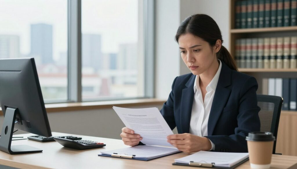 A focused scene illustrating the concept of securing alimony claims during court proceedings, set in a well-lit, modern office environment. In the foreground, a professional woman in a business suit reviews legal documents at a desk, her expression serious yet determined. She is surrounded by important items such as a calculator, a notepad, and a coffee cup, symbolizing the financial implications involved. In the middle ground, a large window reveals a view of the city skyline, suggesting the importance of urban legal matters. In the background, soft shelves lined with law books provide context and depth. The lighting is bright and natural, creating a sense of clarity and purpose, enhancing the overall mood of seriousness and professionalism. A focused scene illustrating the concept of securing alimony claims during court proceedings, set in a well-lit, modern office environment. In the foreground, a professional woman in a business suit reviews legal documents at a desk, her expression serious yet determined. She is surrounded by important items such as a calculator, a notepad, and a coffee cup, symbolizing the financial implications involved. In the middle ground, a large window reveals a view of the city skyline, suggesting the importance of urban legal matters. In the background, soft shelves lined with law books provide context and depth. The lighting is bright and natural, creating a sense of clarity and purpose, enhancing the overall mood of seriousness and professionalism.
