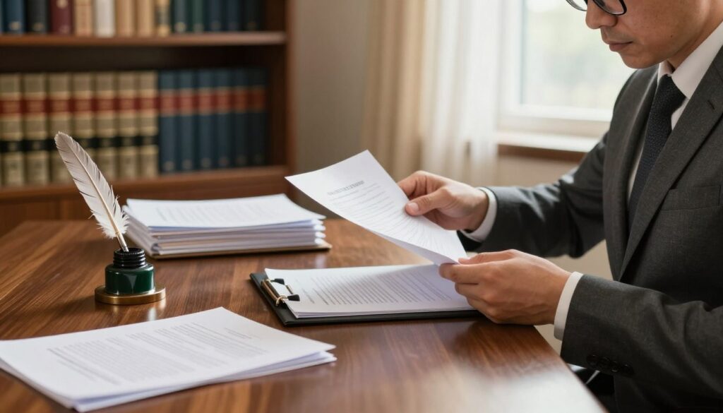 A focused shot of a notary office, showcasing a polished wooden desk cluttered with legal documents, a dark green notary seal, and a silver quill pen resting on high-quality stationery. In the foreground, a well-dressed notary public, wearing a tailored suit and glasses, is arranging documents, looking professional and attentive. In the middle, a stack of notarized papers stands alongside an elegant, old-fashioned inkpot, symbolizing the traditional aspects of notarial work. The background features a well-organized bookshelf filled with law books and a softly lit window with sheer curtains, casting a warm glow throughout the scene. The overall mood should convey professionalism and trust. Use natural light to enhance the atmosphere, creating a welcoming yet serious feel. A focused shot of a notary office, showcasing a polished wooden desk cluttered with legal documents, a dark green notary seal, and a silver quill pen resting on high-quality stationery. In the foreground, a well-dressed notary public, wearing a tailored suit and glasses, is arranging documents, looking professional and attentive. In the middle, a stack of notarized papers stands alongside an elegant, old-fashioned inkpot, symbolizing the traditional aspects of notarial work. The background features a well-organized bookshelf filled with law books and a softly lit window with sheer curtains, casting a warm glow throughout the scene. The overall mood should convey professionalism and trust. Use natural light to enhance the atmosphere, creating a welcoming yet serious feel.