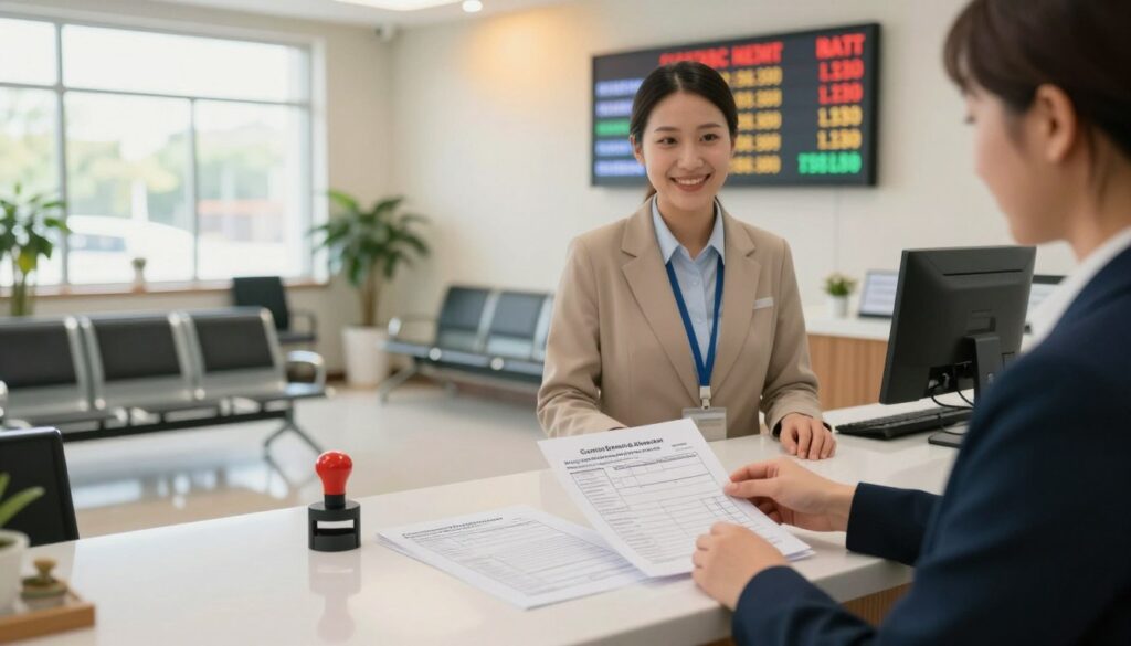 A focused view of a modern government office reception area, emphasizing a friendly clerk behind a neat counter, processing paperwork for vehicle registration. In the foreground, a set of forms and documents lays tidy on the counter, alongside an official stamp. The middle ground features a well-organized waiting area with chairs and a digital display board showing estimated wait times for vehicle registration services. The background includes a large window letting in natural daylight, casting a warm glow over the scene. The atmosphere feels efficient and professional, highlighting the concept of waiting for a new registration certificate. The image should be captured with a slight depth of field to emphasize the clerk and the papers, using soft lighting for a welcoming ambiance. A focused view of a modern government office reception area, emphasizing a friendly clerk behind a neat counter, processing paperwork for vehicle registration. In the foreground, a set of forms and documents lays tidy on the counter, alongside an official stamp. The middle ground features a well-organized waiting area with chairs and a digital display board showing estimated wait times for vehicle registration services. The background includes a large window letting in natural daylight, casting a warm glow over the scene. The atmosphere feels efficient and professional, highlighting the concept of waiting for a new registration certificate. The image should be captured with a slight depth of field to emphasize the clerk and the papers, using soft lighting for a welcoming ambiance.