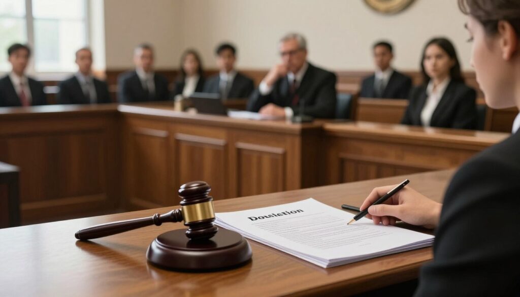 A formal court setting, foreground featuring a wooden table with legal documents and a gavel resting on it, suggesting a courtroom atmosphere. Middle ground includes a judge's bench with a blurred figure of a judge in professional attire, appearing thoughtful, presiding over a case about the revocation of a donation. In the background, rows of wooden benches filled with attentive individuals dressed in business attire, indicating a serious legal discussion. Soft, natural lighting from large windows casting gentle shadows across the scene, creating a somber yet hopeful mood. The angle captures the perspective of someone seated in the audience, emphasizing the importance of the legal proceedings regarding the costs of withdrawing a gift in court. A formal court setting, foreground featuring a wooden table with legal documents and a gavel resting on it, suggesting a courtroom atmosphere. Middle ground includes a judge's bench with a blurred figure of a judge in professional attire, appearing thoughtful, presiding over a case about the revocation of a donation. In the background, rows of wooden benches filled with attentive individuals dressed in business attire, indicating a serious legal discussion. Soft, natural lighting from large windows casting gentle shadows across the scene, creating a somber yet hopeful mood. The angle captures the perspective of someone seated in the audience, emphasizing the importance of the legal proceedings regarding the costs of withdrawing a gift in court.