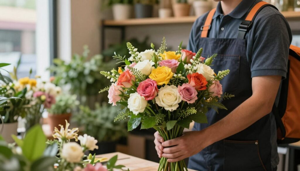 A fresh flower delivery scene showcasing a beautifully arranged bouquet in the foreground, vibrant petals glistening with morning dew. The middle ground features a professional floral delivery person in smart attire, gently handling the bouquet with care. The background includes a charming, well-lit flower shop filled with an array of colorful flowers and greenery, emphasizing freshness and variety. Soft, natural lighting pours in from a nearby window, casting warm hues and subtle shadows, creating a welcoming atmosphere. A sense of freshness and professionalism permeates the image, illustrating the commitment to quality and timely delivery in the floral industry. A fresh flower delivery scene showcasing a beautifully arranged bouquet in the foreground, vibrant petals glistening with morning dew. The middle ground features a professional floral delivery person in smart attire, gently handling the bouquet with care. The background includes a charming, well-lit flower shop filled with an array of colorful flowers and greenery, emphasizing freshness and variety. Soft, natural lighting pours in from a nearby window, casting warm hues and subtle shadows, creating a welcoming atmosphere. A sense of freshness and professionalism permeates the image, illustrating the commitment to quality and timely delivery in the floral industry.