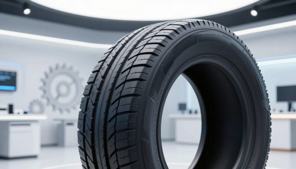 A futuristic tire showcased in a highly detailed product display environment, emphasizing innovative design elements such as a unique tread pattern and advanced material textures. In the foreground, the tire is prominently positioned, capturing attention with its glossy finish and high-tech appearance. In the middle ground, subtle gear-like motifs and elements representing mechanical engineering hint at modern manufacturing processes. The background features a sleek, minimalistic workshop with bright, cool lighting that highlights the tire's features, creating a professional and high-tech atmosphere. Use a wide-angle lens to emphasize depth, with a focus on the tire being the central point of interest, evoking curiosity and forward-thinking. A futuristic tire showcased in a highly detailed product display environment, emphasizing innovative design elements such as a unique tread pattern and advanced material textures. In the foreground, the tire is prominently positioned, capturing attention with its glossy finish and high-tech appearance. In the middle ground, subtle gear-like motifs and elements representing mechanical engineering hint at modern manufacturing processes. The background features a sleek, minimalistic workshop with bright, cool lighting that highlights the tire's features, creating a professional and high-tech atmosphere. Use a wide-angle lens to emphasize depth, with a focus on the tire being the central point of interest, evoking curiosity and forward-thinking.