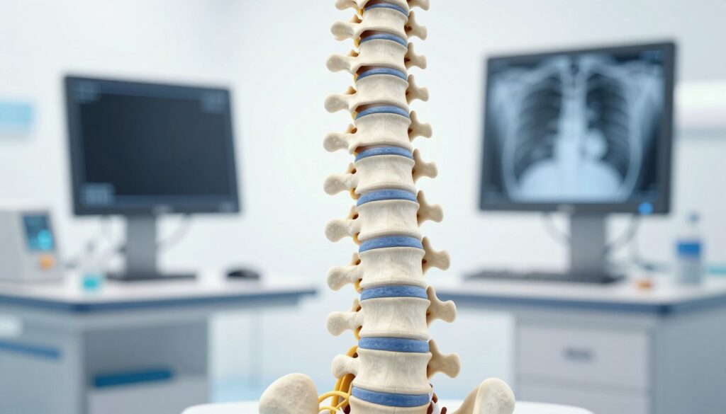 A highly detailed, medical illustration of a human spine, showcasing the intricate structure of vertebrae, discs, and nerves. The spine should be positioned prominently in the foreground, allowing for a clear view of its anatomy. In the middle ground, a faint outline of a radiology workstation with digital imaging tools and an X-ray display can be seen, softly illuminated by soft, cool white lighting. The background should include a subtle gradient of light that enhances the clinical atmosphere without distraction. The overall mood should be informative and professional, evoking a sense of trust and expertise, suitable for a medical article. The image should be devoid of any text or logos. A highly detailed, medical illustration of a human spine, showcasing the intricate structure of vertebrae, discs, and nerves. The spine should be positioned prominently in the foreground, allowing for a clear view of its anatomy. In the middle ground, a faint outline of a radiology workstation with digital imaging tools and an X-ray display can be seen, softly illuminated by soft, cool white lighting. The background should include a subtle gradient of light that enhances the clinical atmosphere without distraction. The overall mood should be informative and professional, evoking a sense of trust and expertise, suitable for a medical article. The image should be devoid of any text or logos.