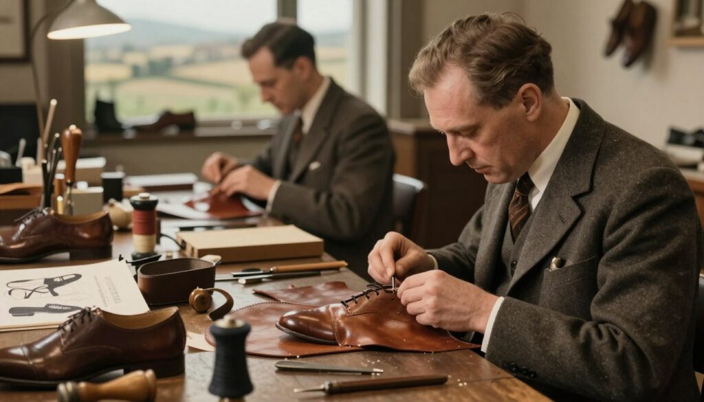 A historical depiction of the origins of Diadora in 1948, focusing on the craftsmanship and spirit of Italian sportswear. In the foreground, a cobbler's workshop with vintage tools and materials, reflecting traditional craftsmanship, surrounded by leather and shoe designs. The middle includes artisans sewing and crafting shoes, wearing modest and professional clothing. In the background, a subtle view of the Italian countryside, with soft, warm lighting to evoke a nostalgic and inviting atmosphere. The image should be framed with a slight vignette to draw attention to the activities in the workshop, creating a sense of wonder and appreciation for the brand's rich history.