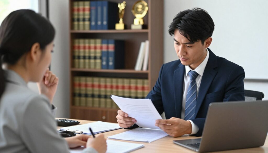 A legal consultation scene in an office, vividly illustrating the concept of legal advice costs. In the foreground, a professional lawyer in business attire reviews documents with a client, who appears engaged and concerned. The middle ground should feature a desk cluttered with legal papers, a calculator, and a laptop, emphasizing the detailed analysis of documents. In the background, a bookshelf filled with law books and awards adds credibility to the environment. Soft, natural lighting filters through a window, creating an inviting atmosphere, while a slight depth of field blurs the background subtly, directing focus towards the lawyer and client interaction. The overall mood is serious yet positive, reflecting the importance and professionalism of legal consultations. A legal consultation scene in an office, vividly illustrating the concept of legal advice costs. In the foreground, a professional lawyer in business attire reviews documents with a client, who appears engaged and concerned. The middle ground should feature a desk cluttered with legal papers, a calculator, and a laptop, emphasizing the detailed analysis of documents. In the background, a bookshelf filled with law books and awards adds credibility to the environment. Soft, natural lighting filters through a window, creating an inviting atmosphere, while a slight depth of field blurs the background subtly, directing focus towards the lawyer and client interaction. The overall mood is serious yet positive, reflecting the importance and professionalism of legal consultations.