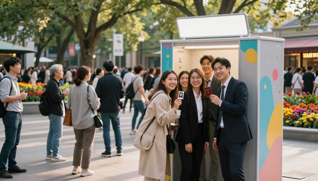 A lively photo booth located in a bustling public space, surrounded by vibrant urban elements. In the foreground, showcase a sleek, modern photo booth with a glossy finish, adorned with colorful decorations and cheerful lighting. Capture the excitement of people posing inside, dressed in professional business attire, smiling as they take passport-style photos. In the middle ground, include various onlookers enjoying the scene, creating a sense of community and spontaneity. The background features a well-lit, busy square with trees and colorful flowerbeds, hinting at a lively atmosphere. Soft, natural light filters in, casting gentle shadows, while a warm, inviting mood enhances the overall vibe of public engagement and accessibility. A lively photo booth located in a bustling public space, surrounded by vibrant urban elements. In the foreground, showcase a sleek, modern photo booth with a glossy finish, adorned with colorful decorations and cheerful lighting. Capture the excitement of people posing inside, dressed in professional business attire, smiling as they take passport-style photos. In the middle ground, include various onlookers enjoying the scene, creating a sense of community and spontaneity. The background features a well-lit, busy square with trees and colorful flowerbeds, hinting at a lively atmosphere. Soft, natural light filters in, casting gentle shadows, while a warm, inviting mood enhances the overall vibe of public engagement and accessibility.