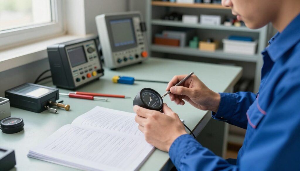 A mechanic calibrating a tachograph inside a bright and organized workshop. In the foreground, close-up of the mechanic's hands working with precise tools on the tachograph, displaying focused attention to detail. The middle ground features a well-lit workbench with various tools and an open manual detailing calibration procedures, emphasizing a professional setting. The background shows shelves filled with diagnostic equipment and spare parts. Soft, natural lighting filters through a window, casting gentle shadows and creating a calm, industrious atmosphere. The mechanic is dressed in a professional blue work uniform, exuding an air of expertise. The overall composition conveys a sense of precision and professionalism in maintaining vehicle compliance. A mechanic calibrating a tachograph inside a bright and organized workshop. In the foreground, close-up of the mechanic's hands working with precise tools on the tachograph, displaying focused attention to detail. The middle ground features a well-lit workbench with various tools and an open manual detailing calibration procedures, emphasizing a professional setting. The background shows shelves filled with diagnostic equipment and spare parts. Soft, natural lighting filters through a window, casting gentle shadows and creating a calm, industrious atmosphere. The mechanic is dressed in a professional blue work uniform, exuding an air of expertise. The overall composition conveys a sense of precision and professionalism in maintaining vehicle compliance.