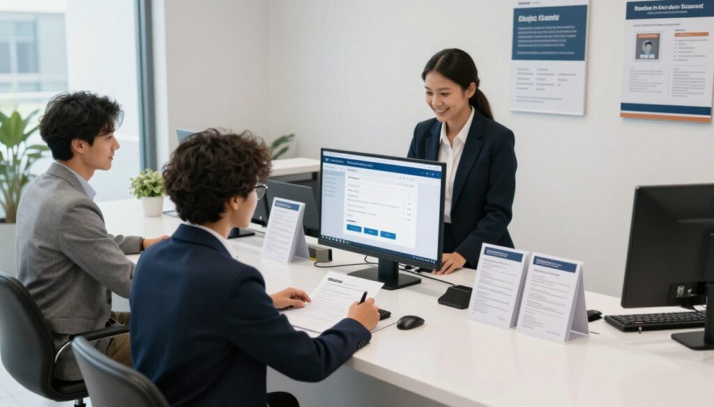A modern administrative office interior, showcasing a well-organized application submission process for an identity card. In the foreground, a diverse group of people—two adults and a teenager—dressed in professional business attire, are seated at a clean, stylish reception desk, filling out forms and interacting with a friendly staff member. The middle ground features a computer setup displaying an online application interface on a large screen, while brochures and informational posters about the identity card application are visible on the walls. The background features soft, diffused natural light from large windows, creating an inviting atmosphere. Capture the image from a slightly elevated angle to give a comprehensive view of the scene, emphasizing the accessibility and efficiency of the application processes, both in person and online. A modern administrative office interior, showcasing a well-organized application submission process for an identity card. In the foreground, a diverse group of people—two adults and a teenager—dressed in professional business attire, are seated at a clean, stylish reception desk, filling out forms and interacting with a friendly staff member. The middle ground features a computer setup displaying an online application interface on a large screen, while brochures and informational posters about the identity card application are visible on the walls. The background features soft, diffused natural light from large windows, creating an inviting atmosphere. Capture the image from a slightly elevated angle to give a comprehensive view of the scene, emphasizing the accessibility and efficiency of the application processes, both in person and online.