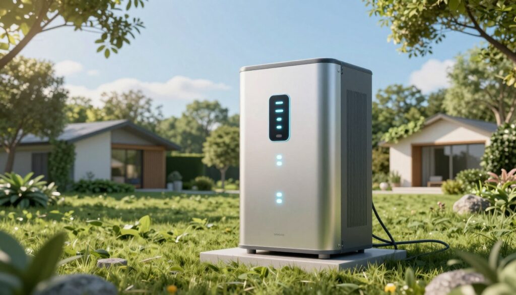 A modern air essence power station, sleek and compact, prominently placed in the foreground. The station features a smooth, metallic design with glowing LED indicators, showcasing its advanced technology. Surrounding the station, a lush green landscape symbolizes energy independence, with sunlight filtering through trees, casting soft, warm light. In the middle ground, there are hints of a stylish, eco-friendly home blending seamlessly into nature, illustrating sustainable living. In the background, a clear blue sky provides an uplifting atmosphere, evoking a sense of innovation and progress. The scene captures a harmonious blend of technology and nature, conveying serenity and reliability, with a focus on the power station as the central element of independence. A modern air essence power station, sleek and compact, prominently placed in the foreground. The station features a smooth, metallic design with glowing LED indicators, showcasing its advanced technology. Surrounding the station, a lush green landscape symbolizes energy independence, with sunlight filtering through trees, casting soft, warm light. In the middle ground, there are hints of a stylish, eco-friendly home blending seamlessly into nature, illustrating sustainable living. In the background, a clear blue sky provides an uplifting atmosphere, evoking a sense of innovation and progress. The scene captures a harmonious blend of technology and nature, conveying serenity and reliability, with a focus on the power station as the central element of independence.