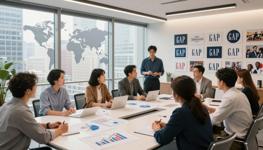 A modern and dynamic office space representing brand evolution, with a diverse group of professionals, dressed in smart casual attire, engaged in a brainstorming session around a sleek conference table. In the foreground, there are charts and graphs depicting growth trends and milestones. The middle ground features large windows revealing a bustling cityscape, symbolizing global reach. In the background, a wall displays iconic brand logos and historical images from the GAP brand's evolution. The lighting is bright and inspiring, with a warm glow creating an optimistic atmosphere. Use a wide-angle lens perspective to capture the collaborative spirit and innovative environment, embodying the essence of business evolution and success. A modern and dynamic office space representing brand evolution, with a diverse group of professionals, dressed in smart casual attire, engaged in a brainstorming session around a sleek conference table. In the foreground, there are charts and graphs depicting growth trends and milestones. The middle ground features large windows revealing a bustling cityscape, symbolizing global reach. In the background, a wall displays iconic brand logos and historical images from the GAP brand's evolution. The lighting is bright and inspiring, with a warm glow creating an optimistic atmosphere. Use a wide-angle lens perspective to capture the collaborative spirit and innovative environment, embodying the essence of business evolution and success.