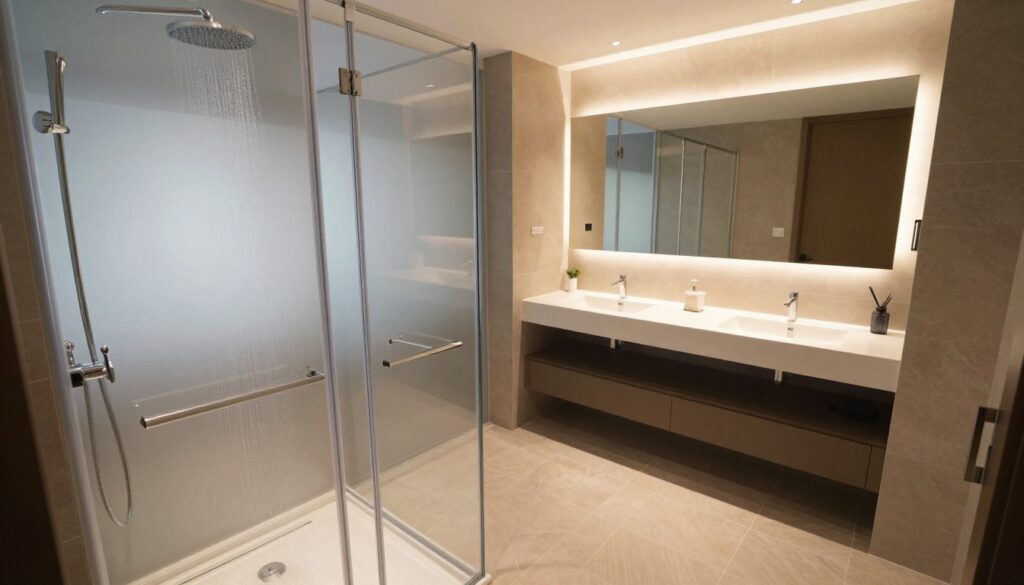 A modern bathroom showcasing a sleek, elegant shower cabin with minimalistic design. The foreground features a well-lit glass shower enclosure, with a chrome showerhead positioned above a stylish rainfall feature. The middle section displays a contemporary tile floor in warm tones, complemented by a stylish vanity unit with ceramic sinks and a large mirror reflecting the space. In the background, soft ambient lighting enhances the calming atmosphere, while frosted glass partitions provide privacy. The scene captures a sense of luxury and modernity, with a focus on high-quality materials and finishes. The angle is slightly above eye level, creating a welcoming view of the entire bathroom space. The image should evoke relaxation and sophistication, embodying the essence of contemporary bathroom design. A modern bathroom showcasing a sleek, elegant shower cabin with minimalistic design. The foreground features a well-lit glass shower enclosure, with a chrome showerhead positioned above a stylish rainfall feature. The middle section displays a contemporary tile floor in warm tones, complemented by a stylish vanity unit with ceramic sinks and a large mirror reflecting the space. In the background, soft ambient lighting enhances the calming atmosphere, while frosted glass partitions provide privacy. The scene captures a sense of luxury and modernity, with a focus on high-quality materials and finishes. The angle is slightly above eye level, creating a welcoming view of the entire bathroom space. The image should evoke relaxation and sophistication, embodying the essence of contemporary bathroom design.