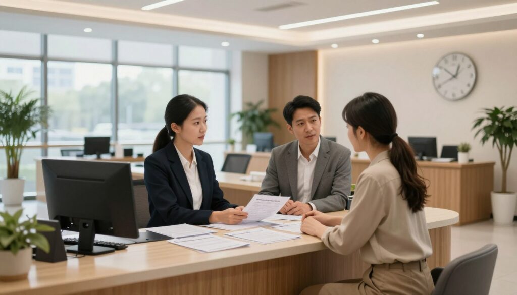 A modern civil registry office interior, showcasing a sleek, well-organized reception area with elegant wooden furniture and soft, ambient lighting. In the foreground, a professional-looking receptionist in business attire is assisting a couple, both dressed in smart casual clothing, who appear engaged and attentive. The middle ground features a variety of official documents and forms neatly arranged on the desk. In the background, large windows let in natural light, illuminating the space and creating a welcoming atmosphere. Potted plants add a touch of greenery, while a clock on the wall signifies the importance of time in the formal processes. The overall mood is calm and focused, emphasizing the significance of name change procedures in a professional setting. A modern civil registry office interior, showcasing a sleek, well-organized reception area with elegant wooden furniture and soft, ambient lighting. In the foreground, a professional-looking receptionist in business attire is assisting a couple, both dressed in smart casual clothing, who appear engaged and attentive. The middle ground features a variety of official documents and forms neatly arranged on the desk. In the background, large windows let in natural light, illuminating the space and creating a welcoming atmosphere. Potted plants add a touch of greenery, while a clock on the wall signifies the importance of time in the formal processes. The overall mood is calm and focused, emphasizing the significance of name change procedures in a professional setting.