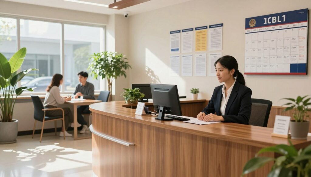 A modern civil registry office interior, showcasing a welcoming environment. In the foreground, a polished wooden reception desk attended by a professional in business attire, displaying a helpful demeanor. In the middle, a spacious room with decorative potted plants and natural light filtering through large windows, casting soft shadows. A couple engaged in discussion with a clerk is visible, representing the administrative process of name change requests. The background features a display of official documents and a large calendar, emphasizing organization and professionalism. The overall atmosphere is calm and efficient, with warm lighting to create a sense of trust and reassurance in navigating legal matters. A modern civil registry office interior, showcasing a welcoming environment. In the foreground, a polished wooden reception desk attended by a professional in business attire, displaying a helpful demeanor. In the middle, a spacious room with decorative potted plants and natural light filtering through large windows, casting soft shadows. A couple engaged in discussion with a clerk is visible, representing the administrative process of name change requests. The background features a display of official documents and a large calendar, emphasizing organization and professionalism. The overall atmosphere is calm and efficient, with warm lighting to create a sense of trust and reassurance in navigating legal matters.