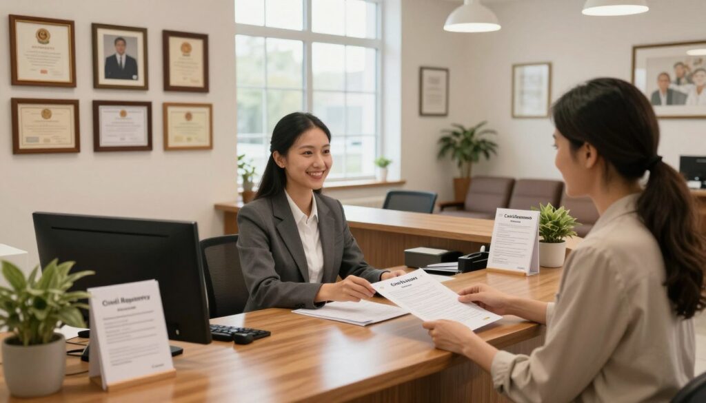 A modern civil registry office interior, showcasing a well-organized and welcoming environment. In the foreground, a polished wooden reception desk with a friendly staff member dressed in professional business attire, interacting with a couple presenting necessary documents for their marriage certificate copy application. The middle features a large, elegant window allowing natural light to flood the space, highlighting framed marriage license displays on the walls. In the background, a neatly arranged waiting area with comfortable seating and informational brochures about civil documents. Soft, warm-toned lighting creates a calm and reassuring atmosphere, emphasizing the importance of the occasion. The composition should have a slightly elevated camera angle to capture both the reception desk and the detailed surroundings effectively. A modern civil registry office interior, showcasing a well-organized and welcoming environment. In the foreground, a polished wooden reception desk with a friendly staff member dressed in professional business attire, interacting with a couple presenting necessary documents for their marriage certificate copy application. The middle features a large, elegant window allowing natural light to flood the space, highlighting framed marriage license displays on the walls. In the background, a neatly arranged waiting area with comfortable seating and informational brochures about civil documents. Soft, warm-toned lighting creates a calm and reassuring atmosphere, emphasizing the importance of the occasion. The composition should have a slightly elevated camera angle to capture both the reception desk and the detailed surroundings effectively.