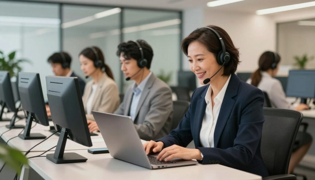 A modern customer service center showcasing a professional environment. In the foreground, a friendly customer service representative, a middle-aged woman in smart business attire, is attentively assisting a customer at a sleek desk with advanced technology. The representative is smiling and providing support through a laptop. In the middle ground, a well-organized workspace with other staff members engaged in conversations, wearing headsets. The background features glass walls, creating a spacious feel with natural lighting streaming in, promoting a welcoming atmosphere. Soft, warm lighting accentuates the professionalism of the environment, while hints of green plants add a touch of calm. The overall mood is one of support, efficiency, and positive engagement. A modern customer service center showcasing a professional environment. In the foreground, a friendly customer service representative, a middle-aged woman in smart business attire, is attentively assisting a customer at a sleek desk with advanced technology. The representative is smiling and providing support through a laptop. In the middle ground, a well-organized workspace with other staff members engaged in conversations, wearing headsets. The background features glass walls, creating a spacious feel with natural lighting streaming in, promoting a welcoming atmosphere. Soft, warm lighting accentuates the professionalism of the environment, while hints of green plants add a touch of calm. The overall mood is one of support, efficiency, and positive engagement.