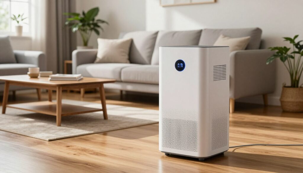 A modern home interior featuring a stylish, energy-efficient air dehumidifier prominently placed on a sleek hardwood floor. In the foreground, showcase the dehumidifier with a soft, reflective surface, emphasizing its sleek design and LED display. In the middle ground, include a cozy living space with neatly arranged furniture, like a minimalist grey sofa adorned with plush cushions, a wooden coffee table, and a few indoor plants to enhance the atmosphere. The background should display a bright window with soft natural light streaming in, casting gentle shadows that create a warm, inviting mood. Use a wide-angle lens effect to capture the entire scene, focusing on a harmonious blend of comfort and modernity, suitable for a well-designed home environment. A modern home interior featuring a stylish, energy-efficient air dehumidifier prominently placed on a sleek hardwood floor. In the foreground, showcase the dehumidifier with a soft, reflective surface, emphasizing its sleek design and LED display. In the middle ground, include a cozy living space with neatly arranged furniture, like a minimalist grey sofa adorned with plush cushions, a wooden coffee table, and a few indoor plants to enhance the atmosphere. The background should display a bright window with soft natural light streaming in, casting gentle shadows that create a warm, inviting mood. Use a wide-angle lens effect to capture the entire scene, focusing on a harmonious blend of comfort and modernity, suitable for a well-designed home environment.