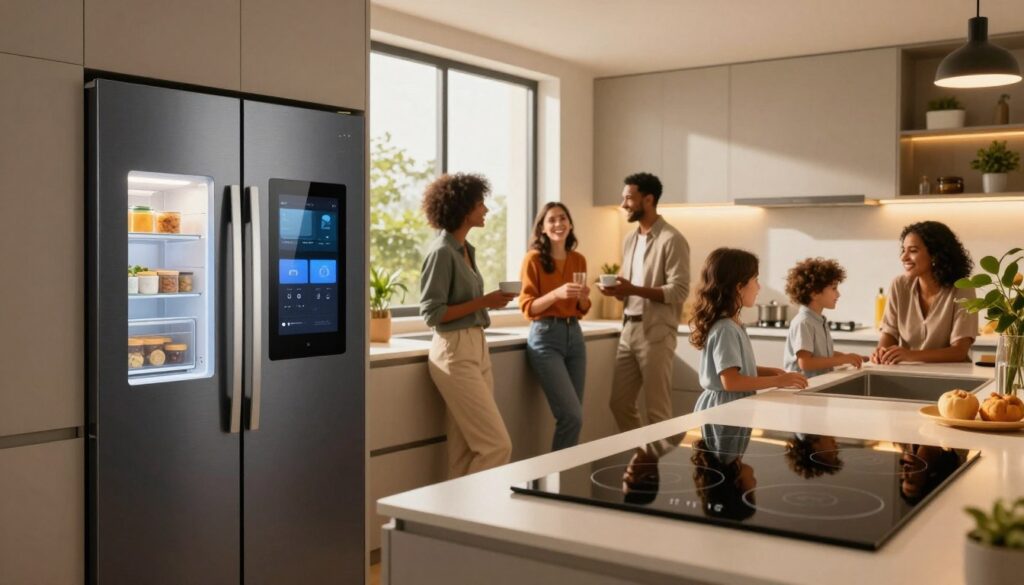 A modern, innovative kitchen showcasing cutting-edge home appliance technology in action. In the foreground, a sleek, high-tech refrigerator with smart touch features reflects well-organized interior compartments; beside it, an advanced induction cooktop gleams under warm, ambient lighting. In the middle, a family of diverse individuals dressed in professional attire interacts joyfully, demonstrating the ease of using smart kitchen devices. In the background, large windows let in natural light, revealing a stylish, minimalist kitchen design with green plants for an eco-friendly touch. The atmosphere is warm and inviting, suggesting a blend of comfort and futuristic innovation, all captured from a dynamic angle that emphasizes the seamless integration of technology into everyday life.