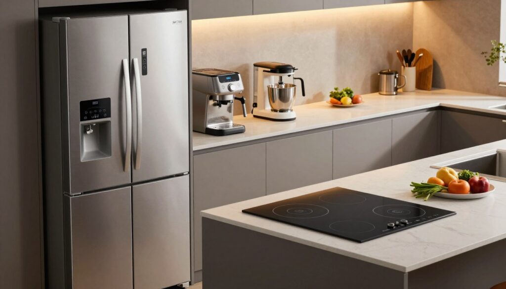 A modern kitchen interior showcasing a variety of high-quality home appliances from the MPM brand. In the foreground, there’s a sleek stainless steel refrigerator paired with an elegant induction cooktop, both exuding a professional and contemporary aesthetic. The middle ground features a compact coffee machine and a stylish mixer, all designed with subtle curves and user-friendly interfaces, emphasizing functionality. In the background, warm ambient lighting casts a cozy glow over the kitchen, enhancing the inviting atmosphere. The countertops are adorned with fresh ingredients, symbolizing everyday use and practicality. The scene is shot from a slightly elevated angle, providing a comprehensive view of the kitchen workspace, suggesting a balance of style and efficiency suitable for daily living. A modern kitchen interior showcasing a variety of high-quality home appliances from the MPM brand. In the foreground, there’s a sleek stainless steel refrigerator paired with an elegant induction cooktop, both exuding a professional and contemporary aesthetic. The middle ground features a compact coffee machine and a stylish mixer, all designed with subtle curves and user-friendly interfaces, emphasizing functionality. In the background, warm ambient lighting casts a cozy glow over the kitchen, enhancing the inviting atmosphere. The countertops are adorned with fresh ingredients, symbolizing everyday use and practicality. The scene is shot from a slightly elevated angle, providing a comprehensive view of the kitchen workspace, suggesting a balance of style and efficiency suitable for daily living.